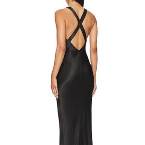 Shona joy plunge v neck black satin cross back dress